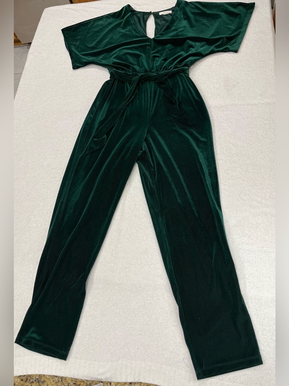 june & hudson Dark Green Velvet Jumpsuit with Tie Waist